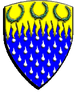 Device of Glymm Mere: Azure, goutte d'eau, on a chief rayonny Or, three laurel wreaths vert